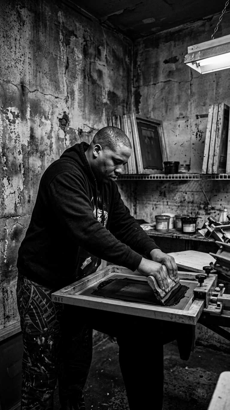 Laz Ruiz pulling a squeegee across a screen on a manual press in his studio